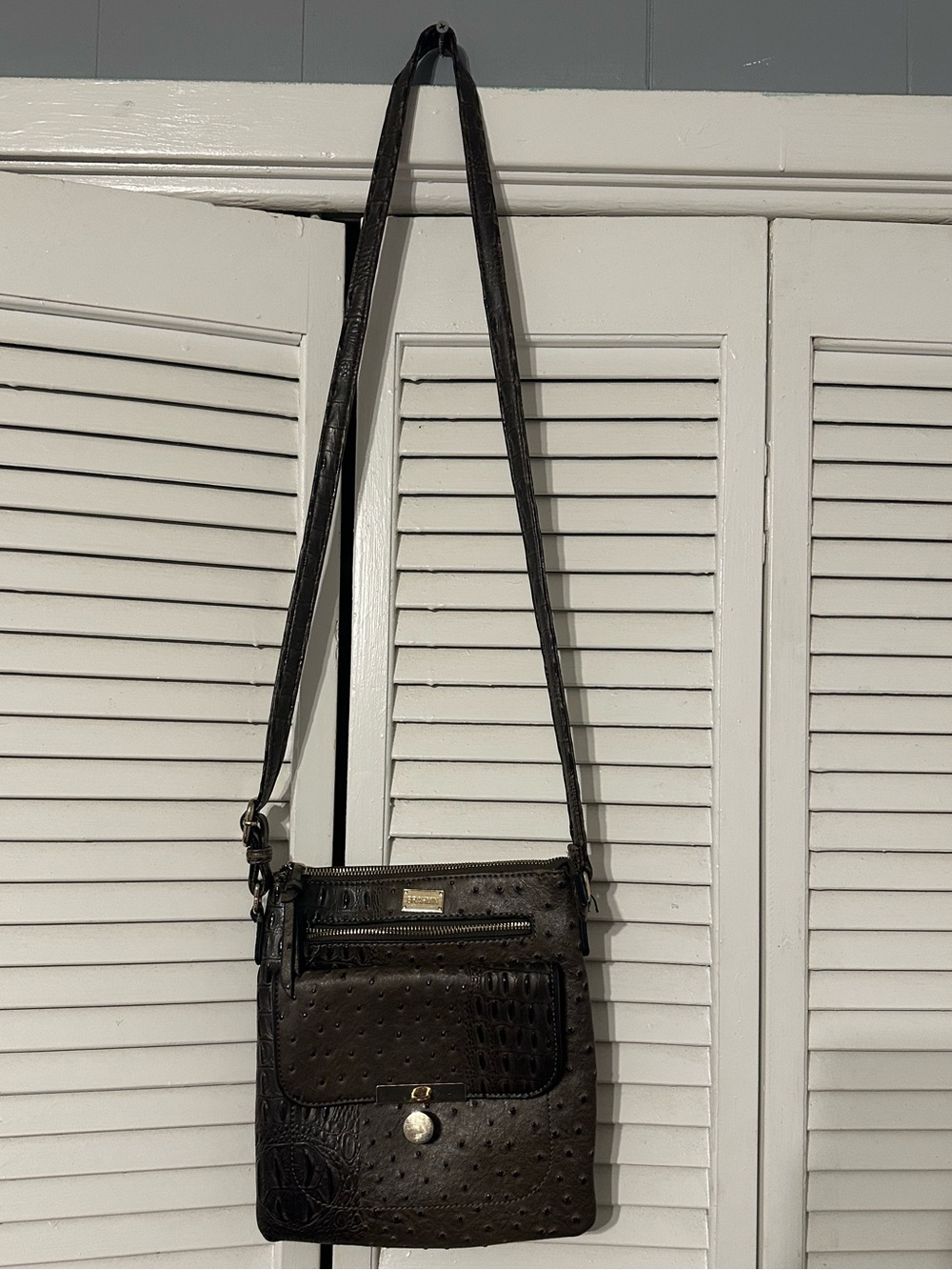 Brahmin Dark Brown Ostrich-Embossed Leather Crossbody Shoulder Bag